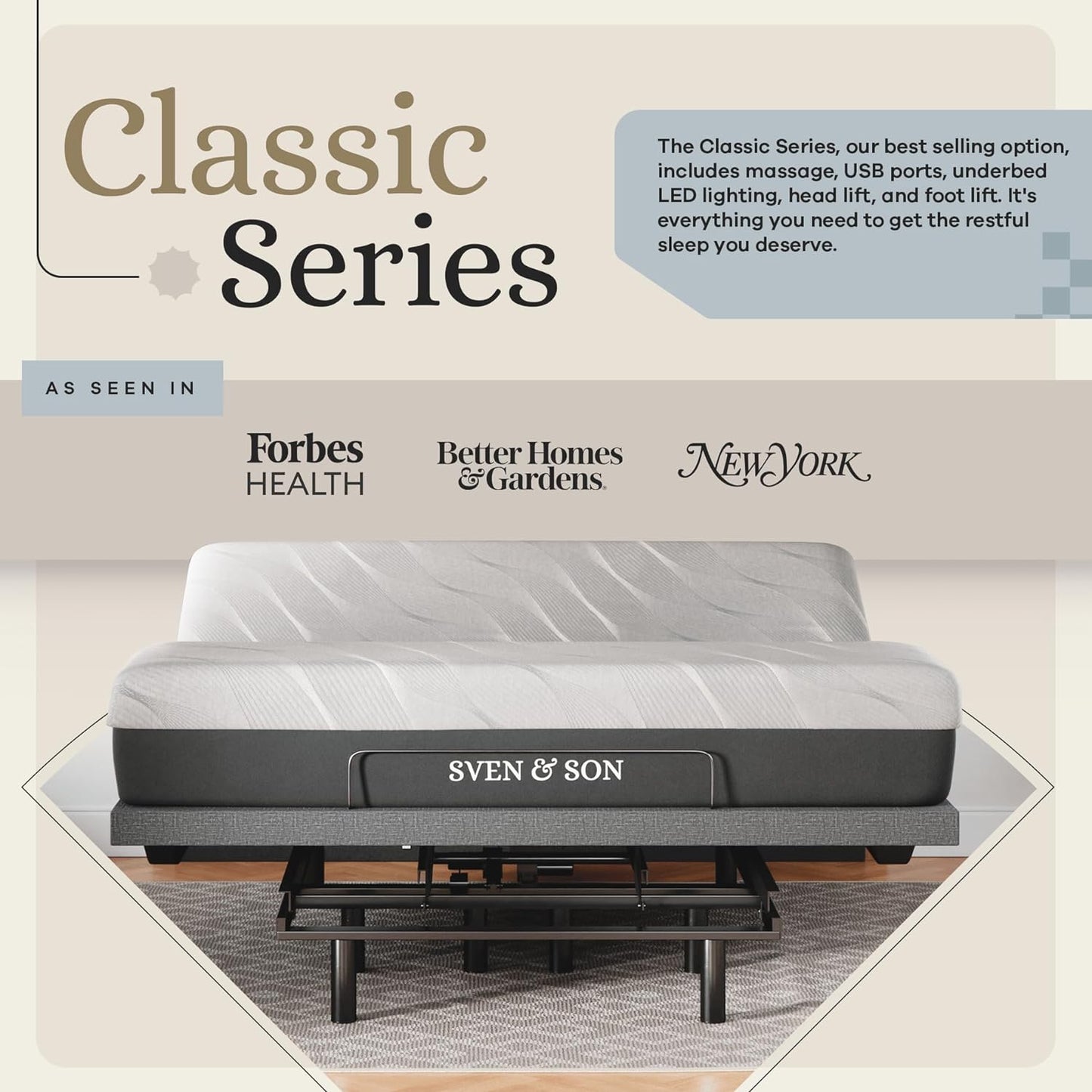 Sven & Son Classic Adjustable Bed Base (Frame) + 14 Inch Hybrid Spring Matt (Medium Soft), Head and Foot Lift, Massage, Under-Bed Lights, USB, Memory Positions, Zero Gravity, Wireless Remote - King